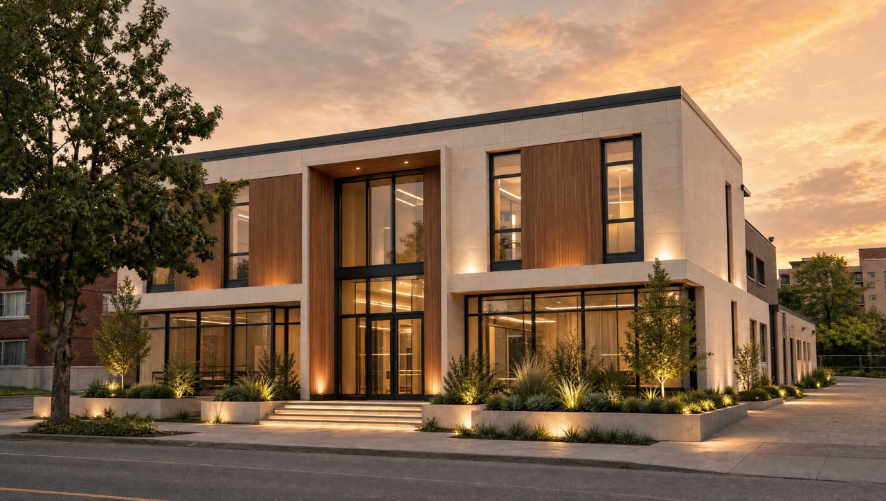 Commercial — extérieur haut de gamme rénové au coucher du soleil